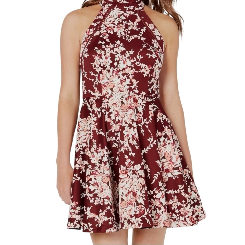 Women's XS (1/2) Burgundy Floral Fit & Flare Halter Knee Length Sleeveless Dress